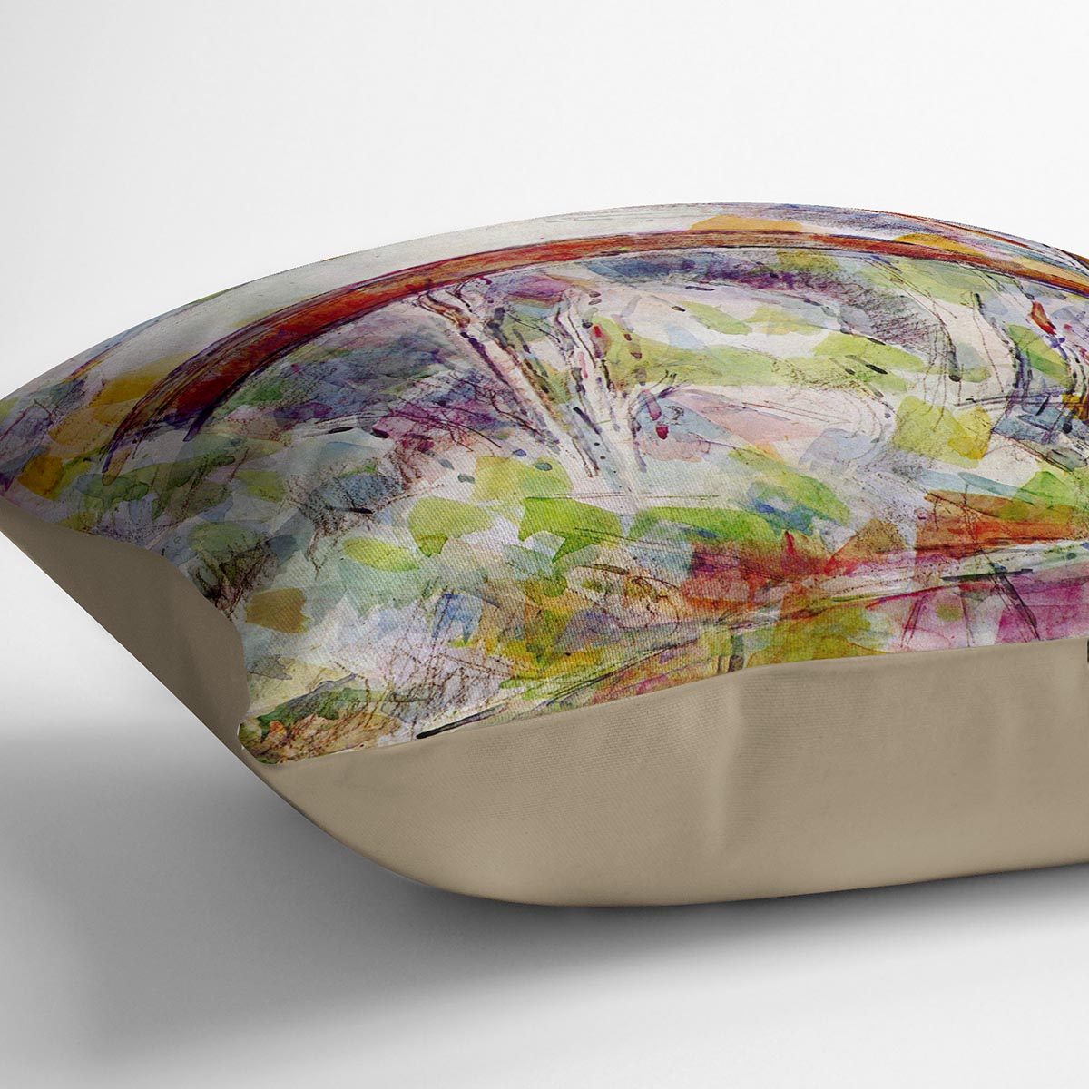 Cushion featuring Cezanne's River at the Bridge of Three Sources design, made from luxurious vegan faux suede with vibrant colors.